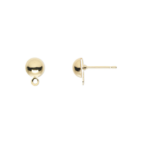 Earstud, gold-plated brass and stainless steel, 6mm half ball with closed loop. Sold per pkg of 50 pairs. image number 0