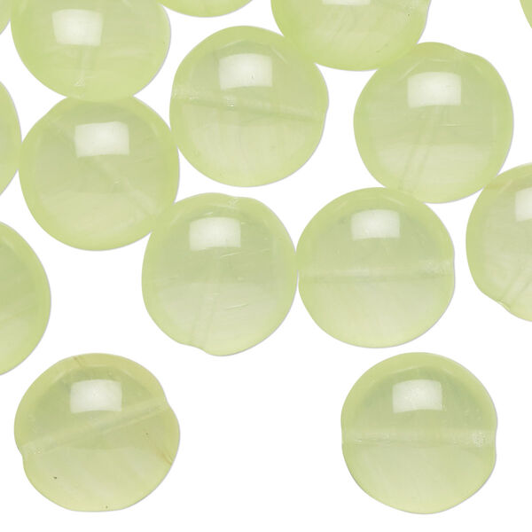 Bead, pressed glass, translucent light green, 13mm puffed flat round. Sold per 2-ounce pkg, approximately 30 beads. image number 0