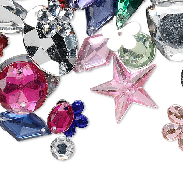Sew-on and glue-on mix, acrylic rhinestone, translucent and transparent mixed colors, foil back, 5mm-25x21mm mixed shape. Sold per 100-gram pkg, approximately 600 pieces. image number 0