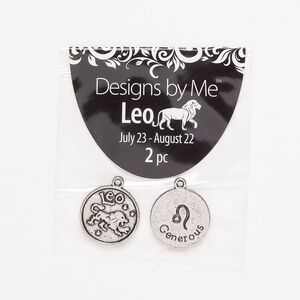 "Pewter" (zinc-based alloy) / enamel 1pkg2, 2-sided round charm / Leo / "Generous" antique silver-finish / black 17mm