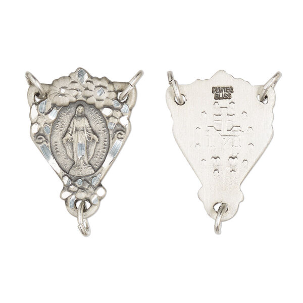 Connector, Britannia pewter (tin-based alloy), 22x16mm two-sided diamond-cut rosary with Miraculous Medal. Sold individually. image number 0