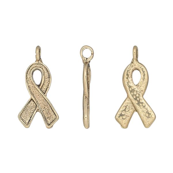 Charm, antique gold-finished "pewter" (zinc-based alloy), 17x10mm single-sided awareness ribbon. Sold per pkg of 20. image number 0