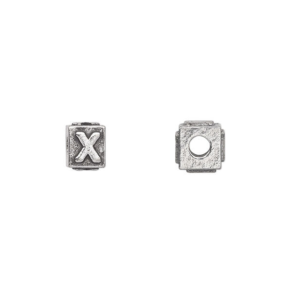 Bead, antiqued pewter (tin-based alloy), 8x6mm rectangle with alphabet letter "X". Sold per pkg of 4. image number 0