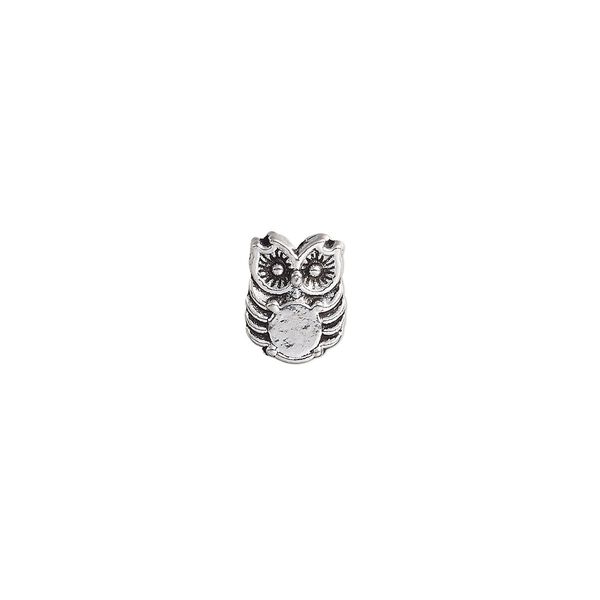 Bead, antique silver-plated "pewter" (zinc-based alloy), 10x8mm owl with SS20 rose setting. Sold per pkg of 20. image number 0
