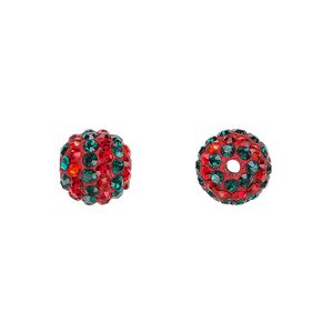 Bead, Egyptian glass rhinestone / epoxy / resin, red and dark green, 10mm round with pavé striped design. Sold individually.