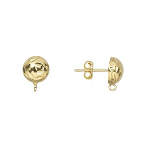 Earstud 1pkg2 sterling silver, 8mm  diamond-cut half-ball / closed loop / earnuts, gold-finished 1 pair