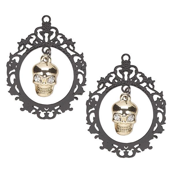 Drop, black-finished and gold-finished "pewter" (zinc-based alloy) and glass, black and gold, 29x23.5mm framed skull. Sold per pkg of 2. image number 0