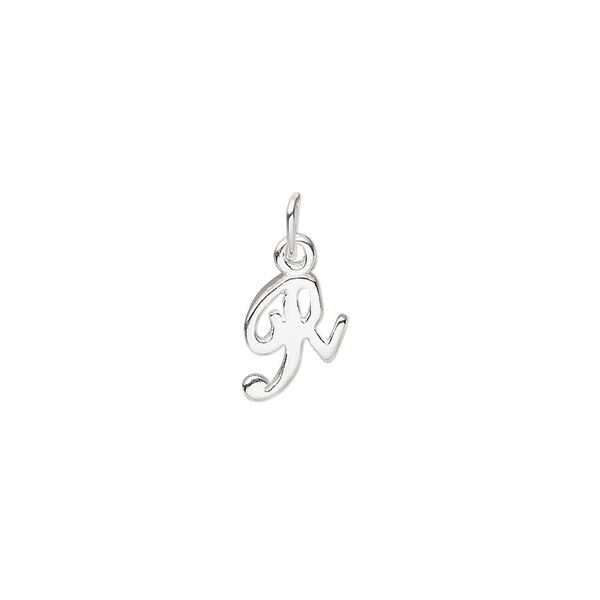 Charm, sterling silver, 9x7mm Champagne cursive alphabet letter "R." Sold individually. image number 0
