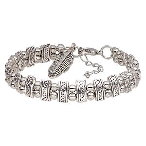 Bracelet, antique silver-plated steel and pewter (tin-based alloy), 10mm wide with round and rectangle design with feather dangle, 6-1/2 inches with 1-1/4 inch extender chain and lobster claw clasp. Sold individually.