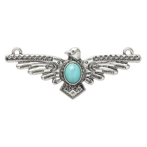 Focal, "turquoise" (resin) (imitation) and antiqued "pewter" (zinc-based alloy), blue, 68.5x26.5mm single-sided eagle with tribal design and 2 loops. Sold individually.