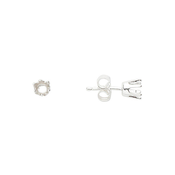 Earstud, Sure-Set™, sterling silver, 4mm 6-prong round setting. Sold per pair. image number 0