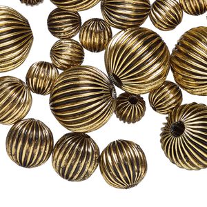 Bead mix, antique gold-finished "pewter" (zinc-based alloy), 7mm / 10mm / 14mm corrugated round with 1-3mm hole. Sold per pkg of 30.