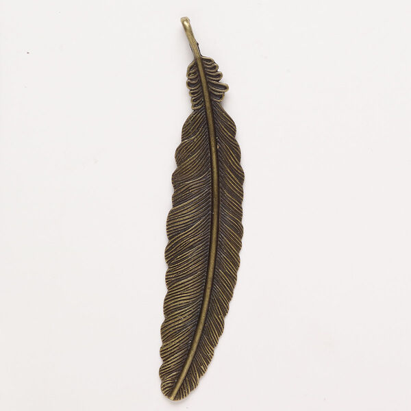 Pendant, antique brass-finished "pewter" (zinc-based alloy), 3-3/4x3/4 inch feather. Sold individually. image number 0