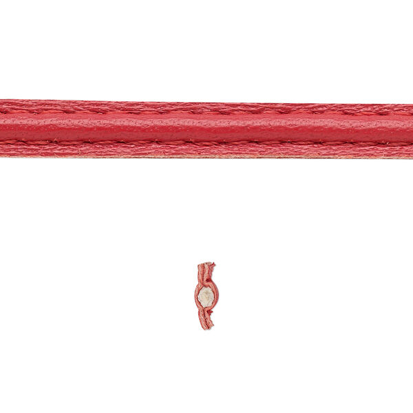 Cord, leather and cotton (dyed), red, 5-6mm double-stitched flat. Sold per 1-yard section. image number 0