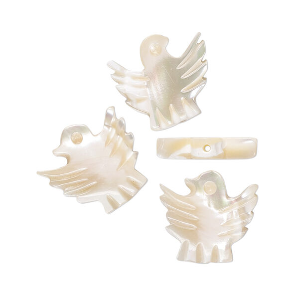 Bead, mother-of-pearl shell (natural), 15x14mm hand-cut vertically drilled carved bird, Mohs hardness 3-1/2. Sold per pkg of 4. image number 0