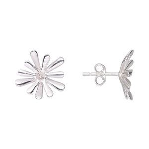 Earstud 1pkg2 sterling silver, 16x14mm star burst / 2mm peg / 4-6mm half-drilled round glue-in setting / earnuts, 1 pair