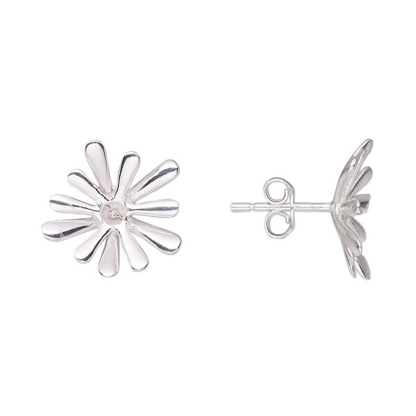 Earstud 1pkg2 sterling silver, 16x14mm star burst / 2mm peg / 4-6mm half-drilled round glue-in setting / earnuts, 1 pair image number 0