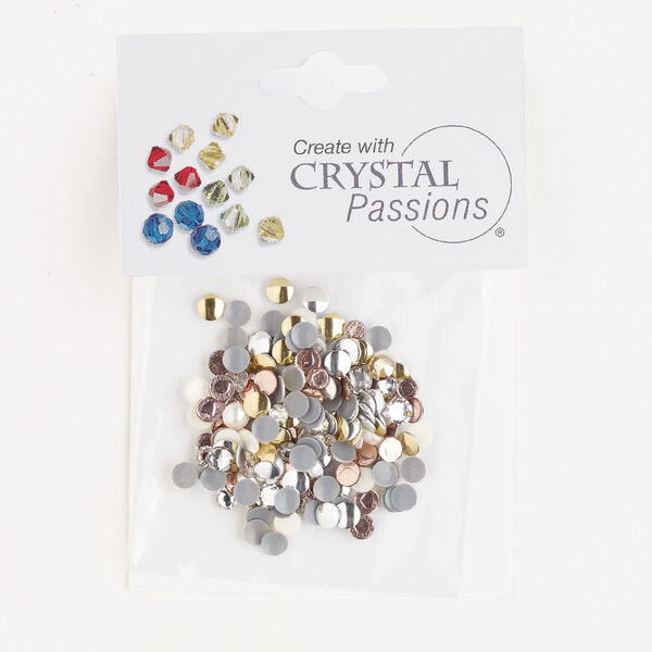 Flat back / rhinestud 1pkg200 mixed colors / mixed platings, Crystal Passions&reg; rhinestone / brass 3-4mm hotfix round / 4mm rose round SS12-SS16 image number 0