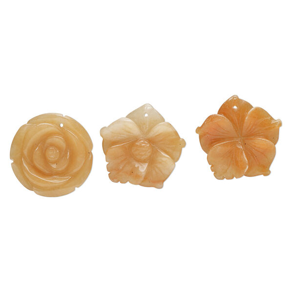 Red aventurine 1pkg3, top-drilled carved flower focal natural B grade, mix 34x31mm-36x35mm image number 0