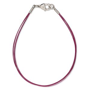 Bracelet, 5-strand, stainless steel and plastic-coated stainless steel, fuchsia, 6-1/2 inches with lobster claw clasp. Sold individually.