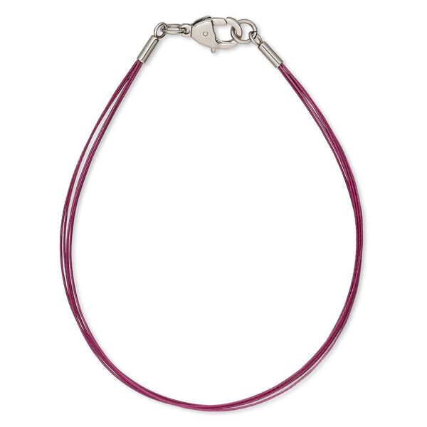 Bracelet, 5-strand, stainless steel and plastic-coated stainless steel, fuchsia, 6-1/2 inches with lobster claw clasp. Sold individually. image number 0