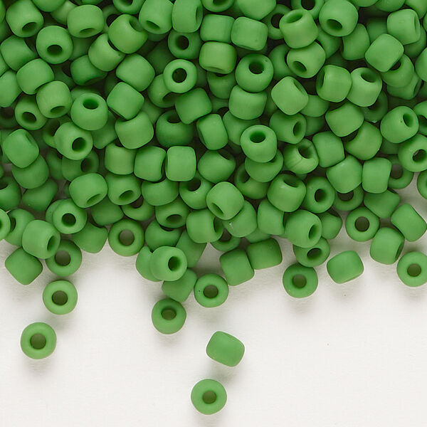 Seed bead, Dyna-Mites™, glass, opaque matte green, #6 round. Sold per 40-gram pkg. image number 0