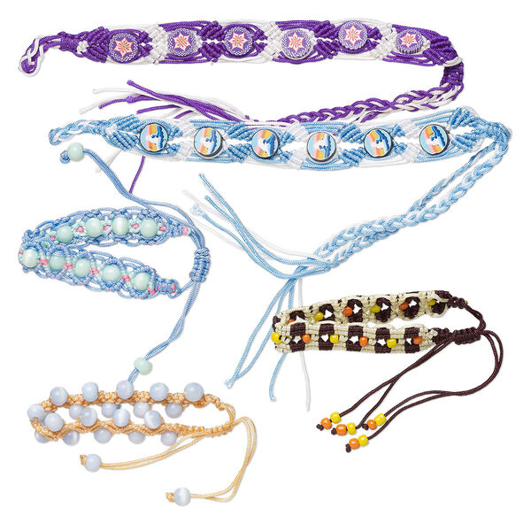 Bracelet, Just for Fun, nylon / glass / polymer clay, mixed colors, 13-16mm wide with flower / rainbow / wave design, 6-9 inches with macramé closure and tie closure. Sold per pkg of 5. image number 0