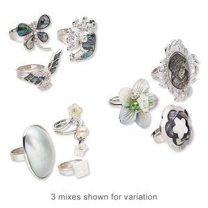 Ring mix, cultured freshwater pearl / multi-shell (natural / dyed / bleached / assembled) / glass / silver-finished steel / "pewter" (zinc-based alloy), mixed colors, 21x15mm-40x36mm mixed shape, adjustable. Sold per pkg of 3.