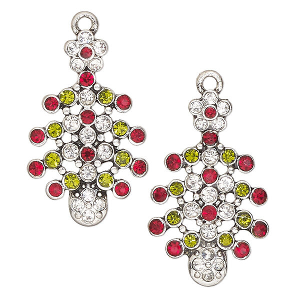 Focal, antique silver-finished "pewter" (zinc-based alloy) and glass, red / green / clear, 30x19mm Christmas tree. Sold per pkg of 2. image number 0