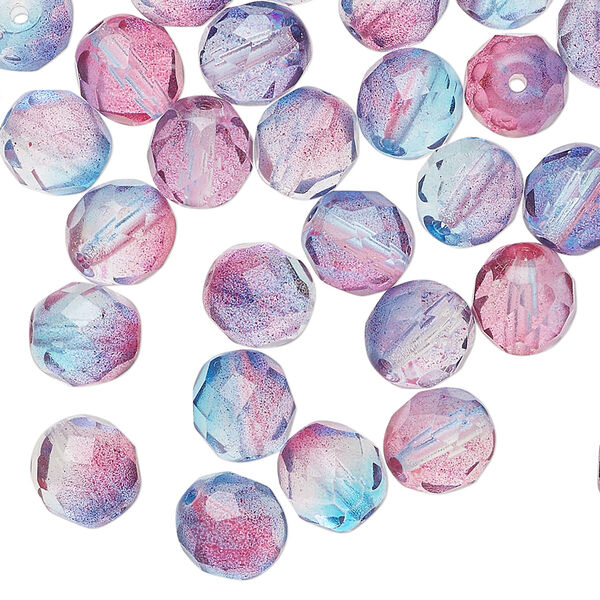Bead 1pkg50, Czech fire-polished glass, red and blue, 8mm faceted round. image number 0