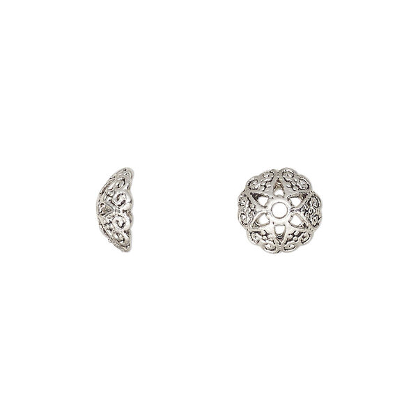 Bead cap, antique silver-finished "pewter" (zinc-based alloy), 9.5x4mm round with cutout flower, fits 6-10mm round bead. Sold per pkg of 20. image number 0