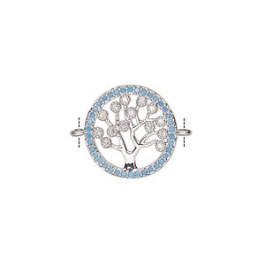 Link, cubic zirconia and silver-finished brass, clear and blue, 15mm single-sided round with tree of life design. Sold individually.
