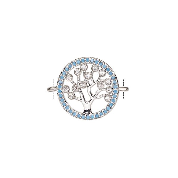Link, cubic zirconia and silver-finished brass, clear and blue, 15mm single-sided round with tree of life design. Sold individually. image number 0