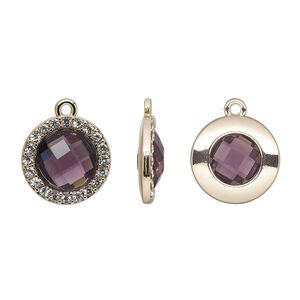 Drop, glass / glass rhinestone / gold-finished "pewter" (zinc-based alloy), clear and transparent amethyst purple, 17mm single-sided round. Sold per pkg of 2.