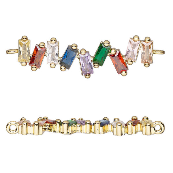 Link, cubic zirconia and gold-finished brass, multicolored, 31x9.5mm single-sided cluster. Sold individually. image number 0