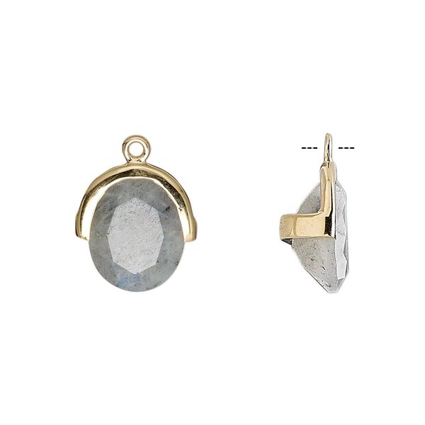 Drop, labradorite (natural) and gold-finished sterling silver, 13x12.5mm single-sided faceted oval. Sold individually. image number 0