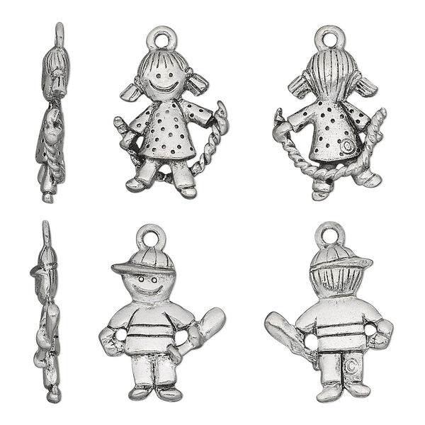 Charm, antiqued pewter (tin-based alloy), 19x15mm two-sided girl with rope and 19x16mm two-sided boy with bat. Sold per 2-piece set. image number 0