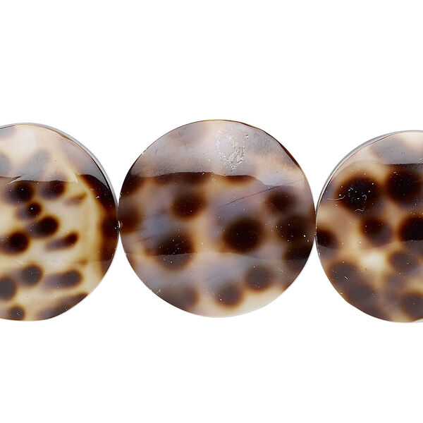 Bead, laminated tiger cowrie shell (assembled), 20mm double-sided flat round, Mohs hardness 3-1/2. Sold per pkg of 5. image number 0
