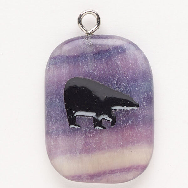 Focal, steel/rainbow fluorite (natural)/enamel, pkg/1, silver finish and black, 35x26mm single-sided puffed freeform with bear, B- grade. image number 0