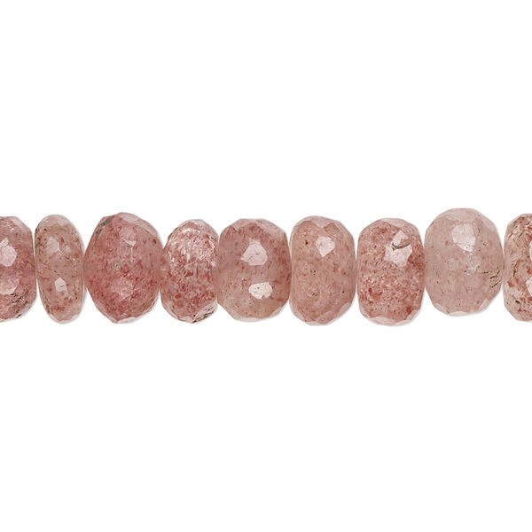 Bead, strawberry quartz (natural), 8x5mm-9x6mm hand-cut faceted rondelle with 0.4-1.4mm hole, B grade, Mohs hardness 7. Sold per 8-inch strand, approximately 35 beads. image number 0