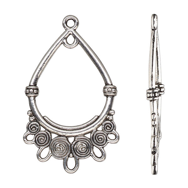 Focal, antique silver-finished "pewter" (zinc-based alloy), 31x22mm double-sided open teardrop with spirals and 6 closed loops. Sold per pkg of 10. image number 0