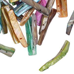 Bead mix, spacer, 2-strand, mother-of-pearl shell (dyed), mixed AB colors, 25x6mm-45x12mm stick, fits up to 21mm beads, Mohs hardness 3-1/2. Sold per 4-ounce pkg, approximately 40 beads.