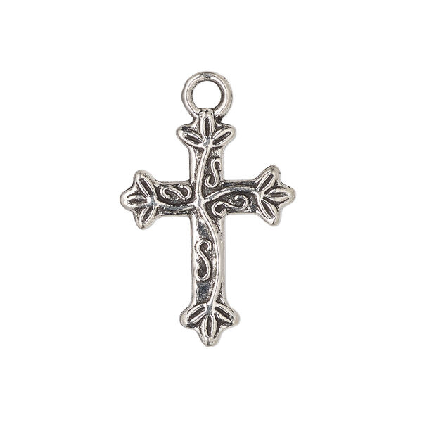 Drop, antique silver-finished "pewter" (zinc-based alloy), 21x16mm cross with leaf and vine design. Sold per pkg of 10. image number 0
