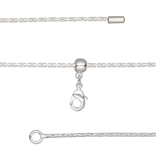 Chain, silicone and silver-plated brass, 1mm Boston link, adjustable from 16 to 23-1/2 inches with lobster claw clasp and adjustable slider bead. Sold individually. image number 0