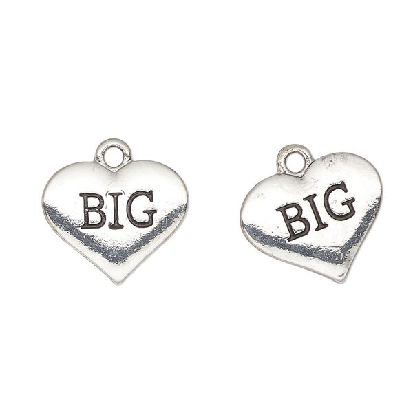 Charm, antique silver-finished enamel "pewter" (zinc-based alloy), black, 16x13mm heart with "Big". Sold per pkg of 2. image number 0