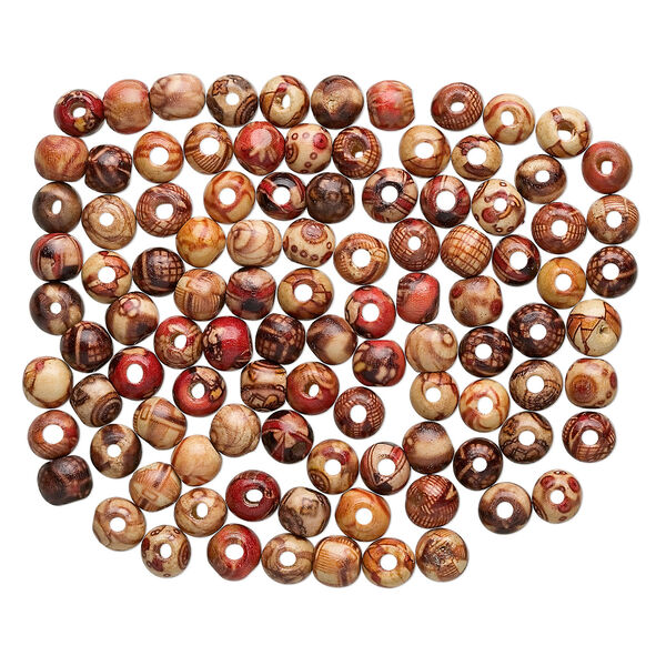 Bead mix, wood (coated), multicolored, 8mm hand-cut round with painted pattern. Sold per pkg of 100. image number 1