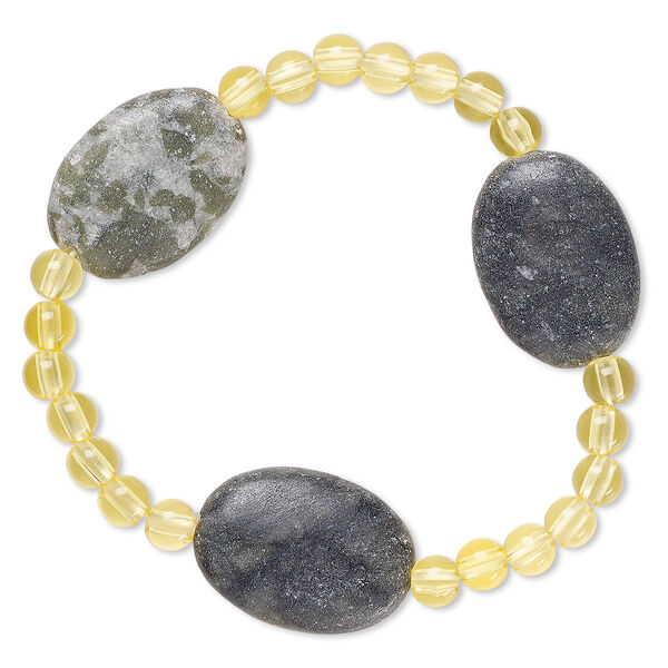 Bracelet, stretch, multi-serpentine (natural) and acrylic, yellow, 5mm round and 24x18mm-25x18mm flat oval, 6-1/2 inches. Sold individually. image number 0