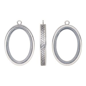 Drop, antiqued sterling silver, 28x20mm oval with 25x18mm oval setting and chevron design and open back. Sold individually.