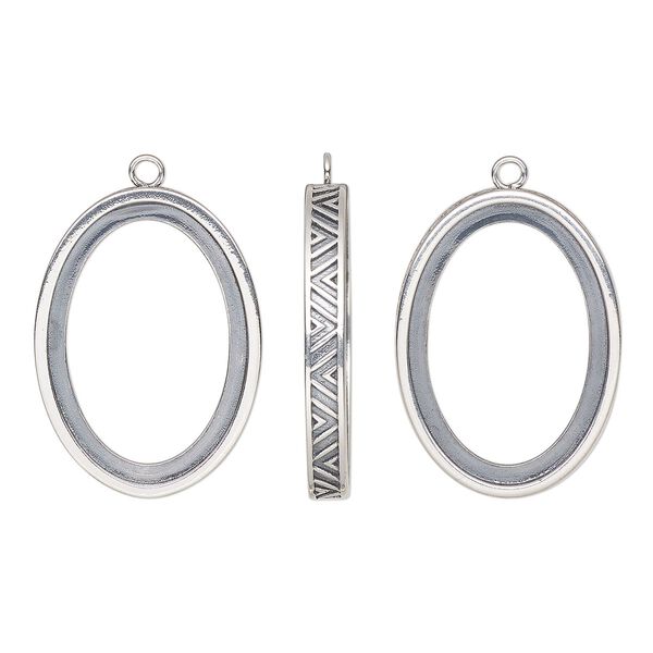 Drop, antiqued sterling silver, 28x20mm oval with 25x18mm oval setting and chevron design and open back. Sold individually. image number 0
