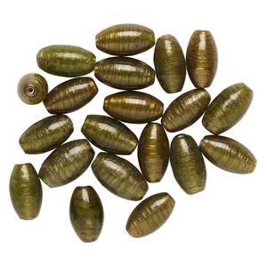 Bead, lampworked glass, translucent dark yellow-green, 25x14mm oval with copper-colored glitter. Sold per pkg of 20.